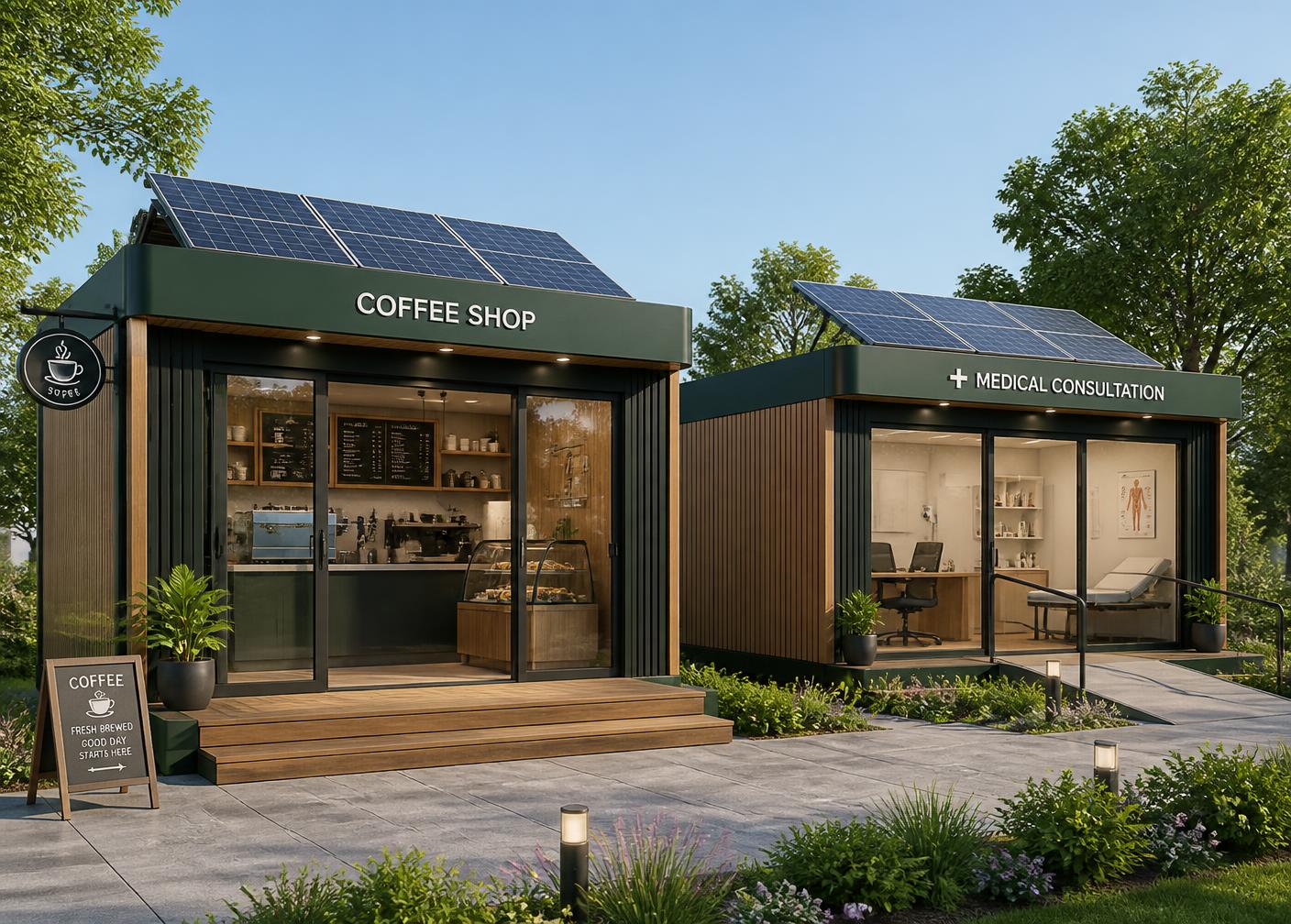 PodVolt portable modular solar-powered units configured as a coffee shop and a medical consultation unit
