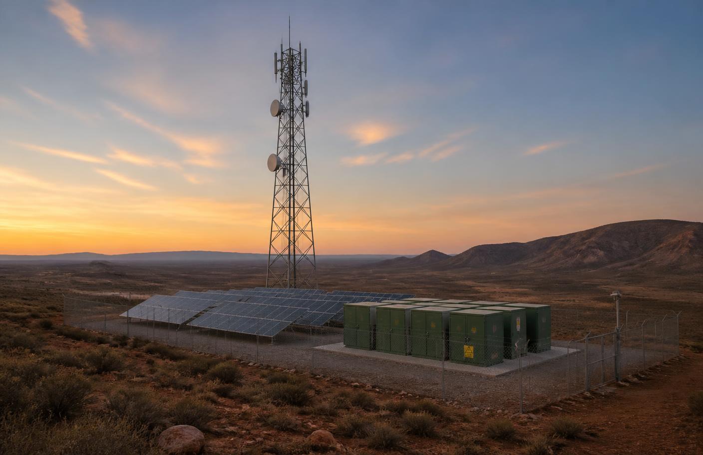 Telecommunications tower powered by a solar array and battery cabinets in a remote landscape